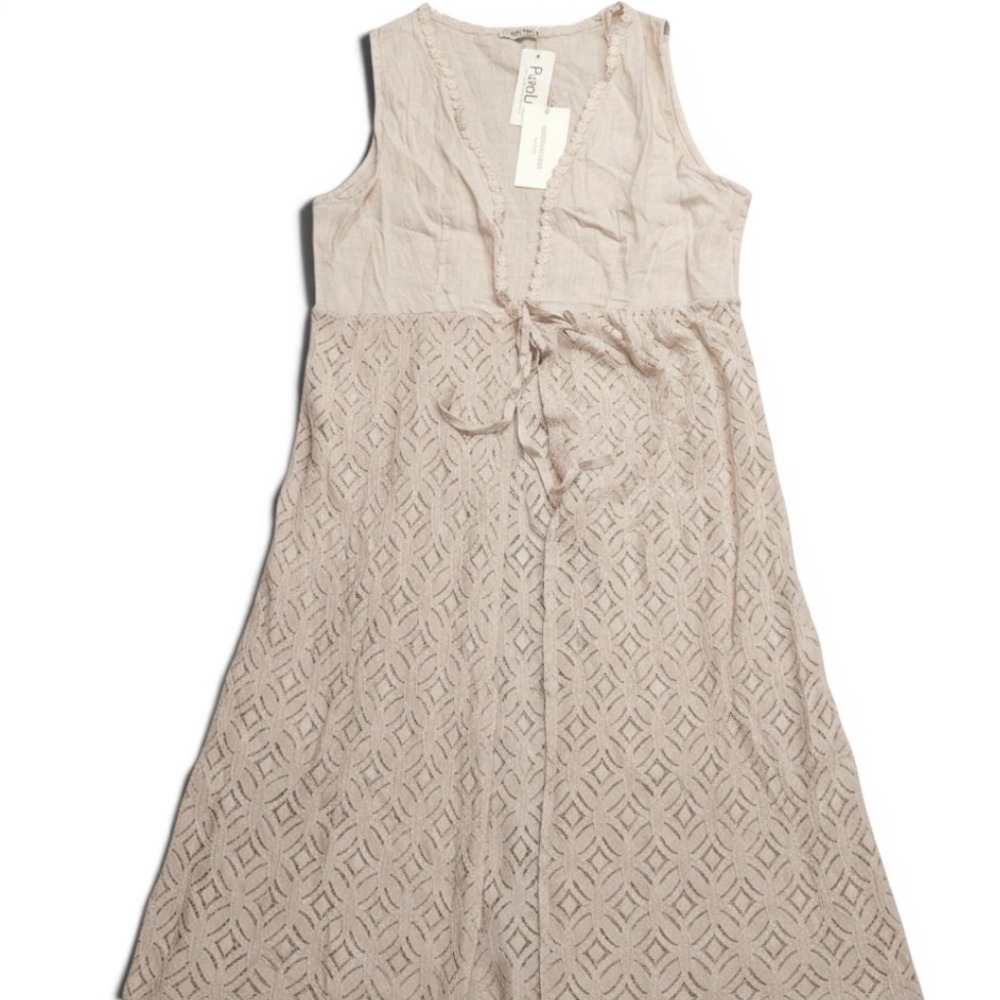 Valentina Naldi Italy Linen Crochet Lace Duster Vest Tie Front Beige NWT